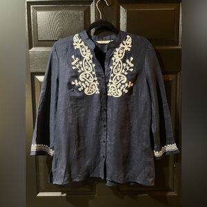 Zoe D 100% Linen Embroidered Blouse